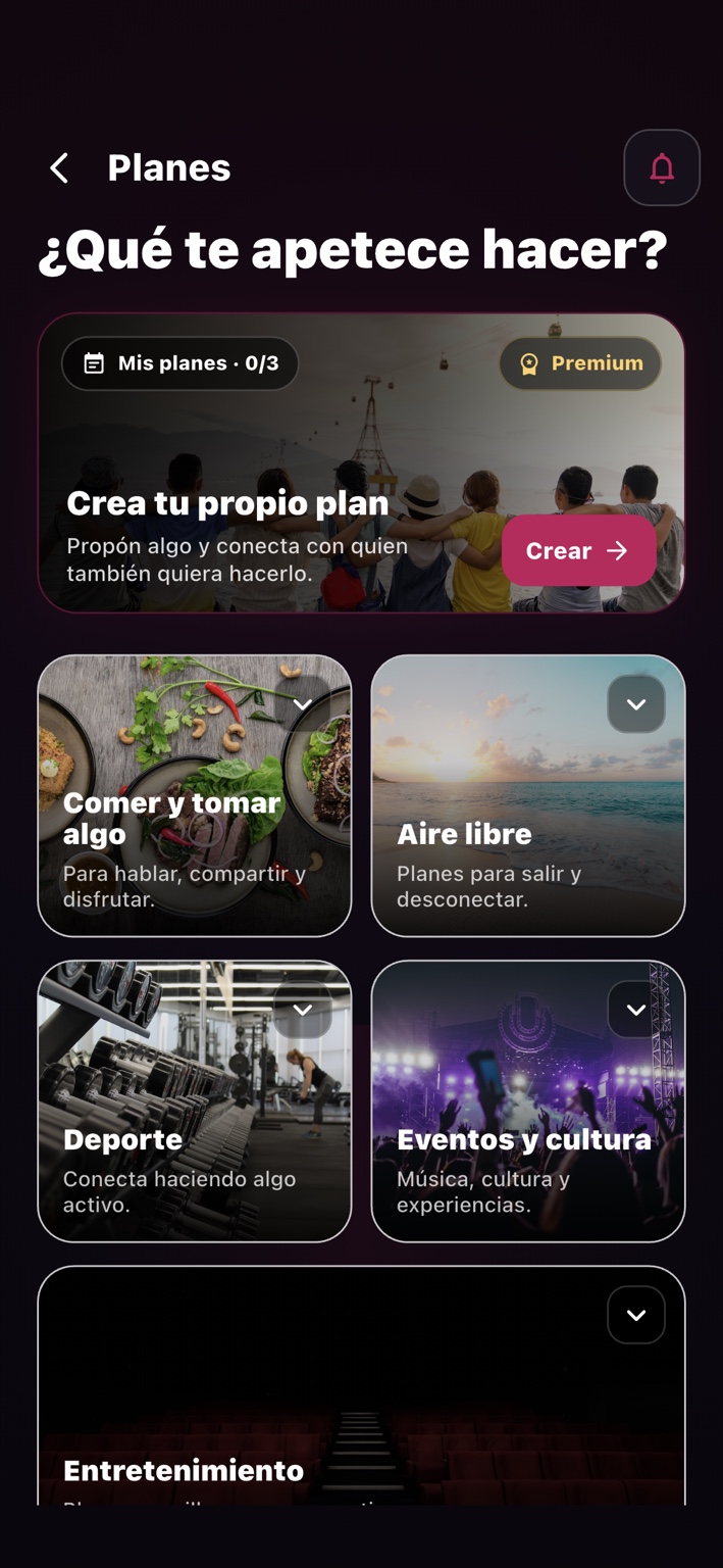 Pantalla real de TÚ SÍ con categorías de planes